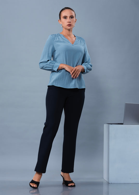 V Neck Long Sleeve Blouse With Smocking Detail