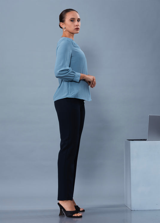 V Neck Long Sleeve Blouse With Smocking Detail