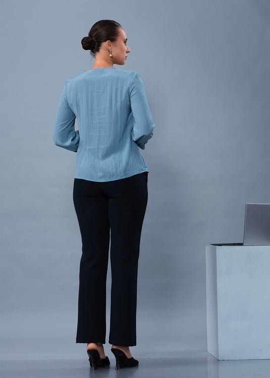 V Neck Long Sleeve Blouse With Smocking Detail