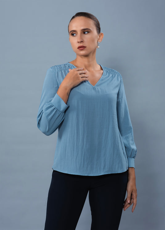 V Neck Long Sleeve Blouse With Smocking Detail