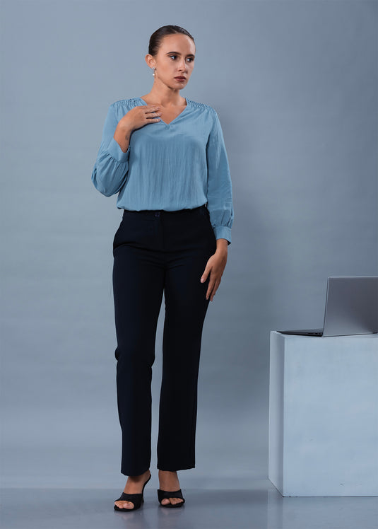 V Neck Long Sleeve Blouse With Smocking Detail
