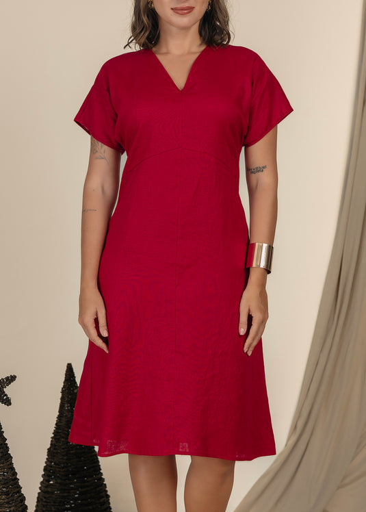 V Neck Inen Dress With Kimono Sleeve