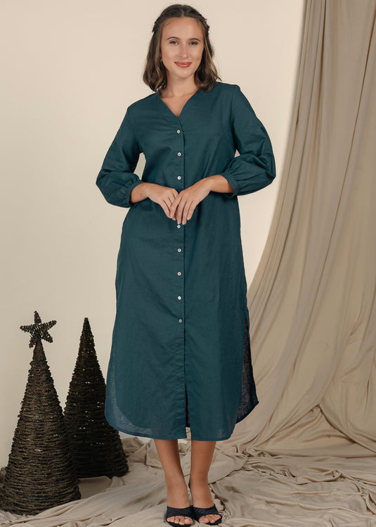 V Neck Long Sleeve Midi Dress With Buttons