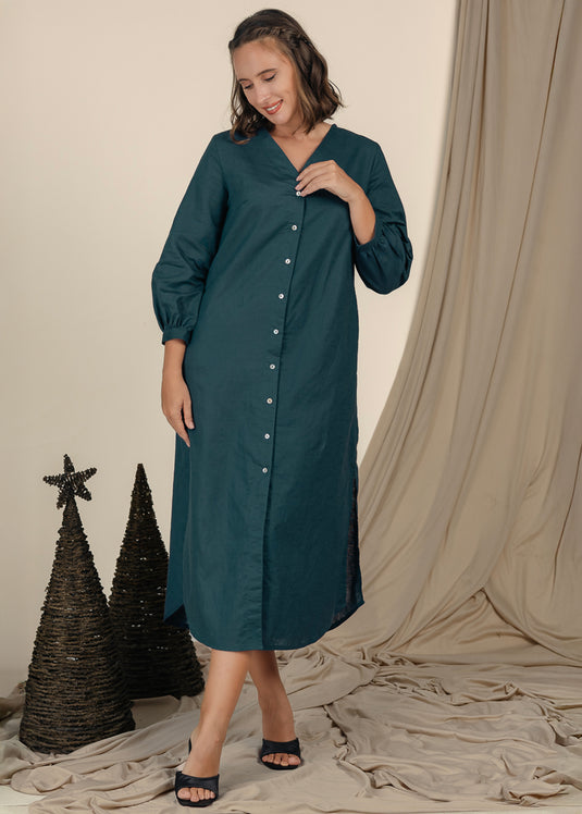 V Neck Long Sleeve Midi Dress With Buttons