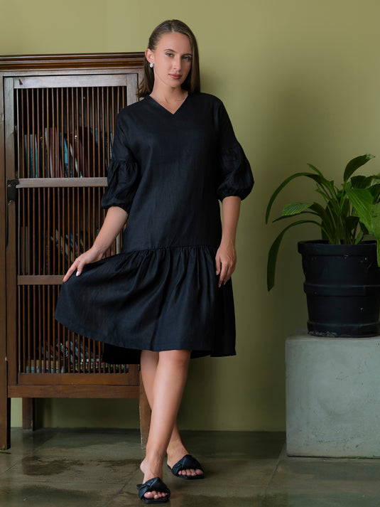 V neck premium linen dress with tiered panel