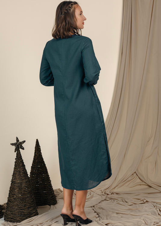 V Neck Long Sleeve Midi Dress With Buttons