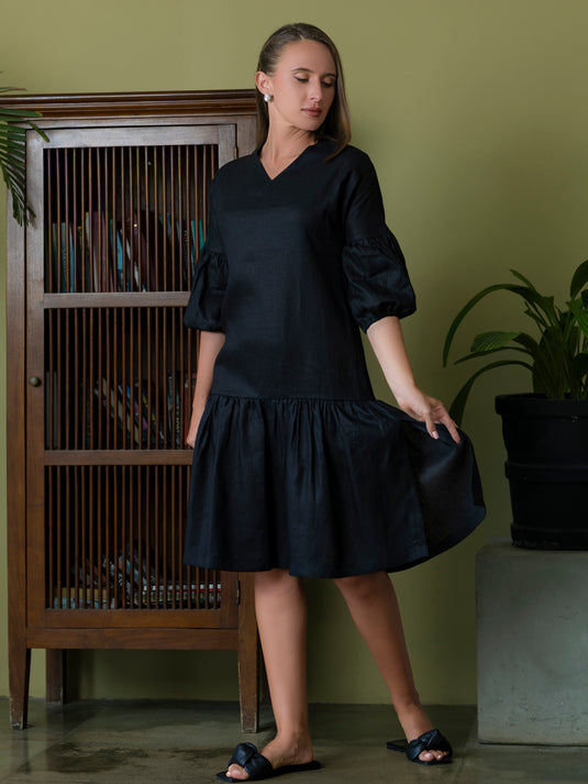 V neck premium linen dress with tiered panel