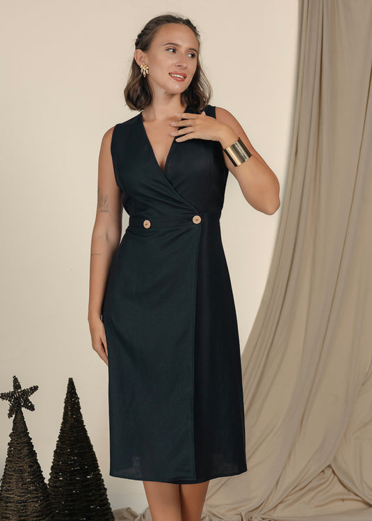 Sleeveless Linen wrap dress with buttons