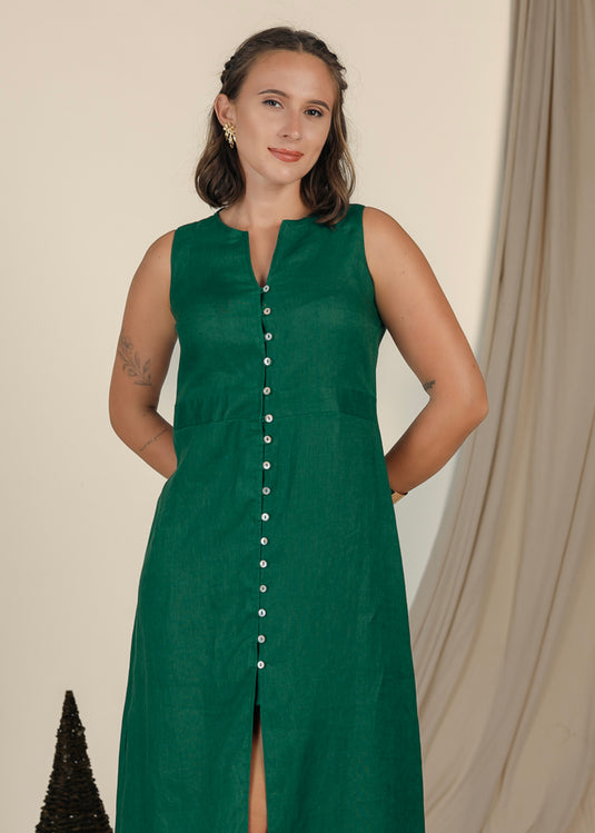 Sleeveless Midi Length Linen Dress With Buttons