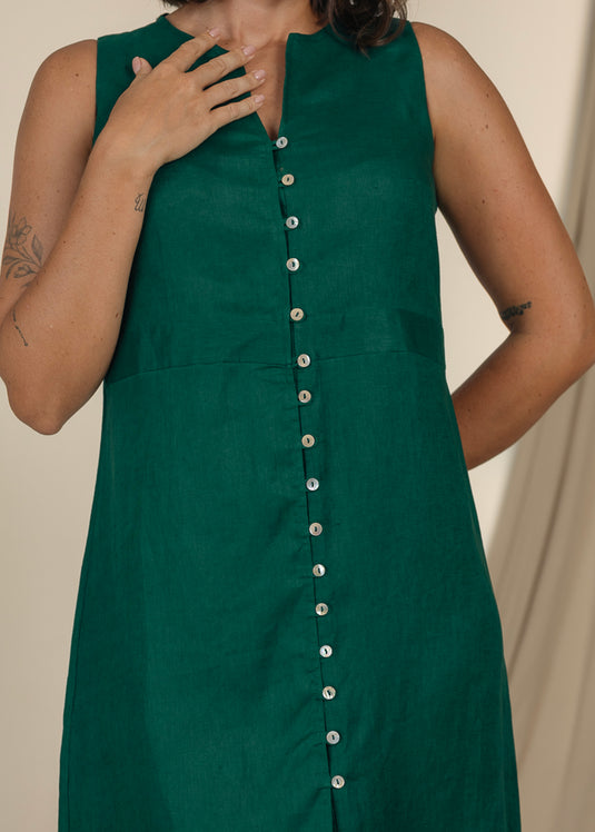 Sleeveless Midi Length Linen Dress With Buttons