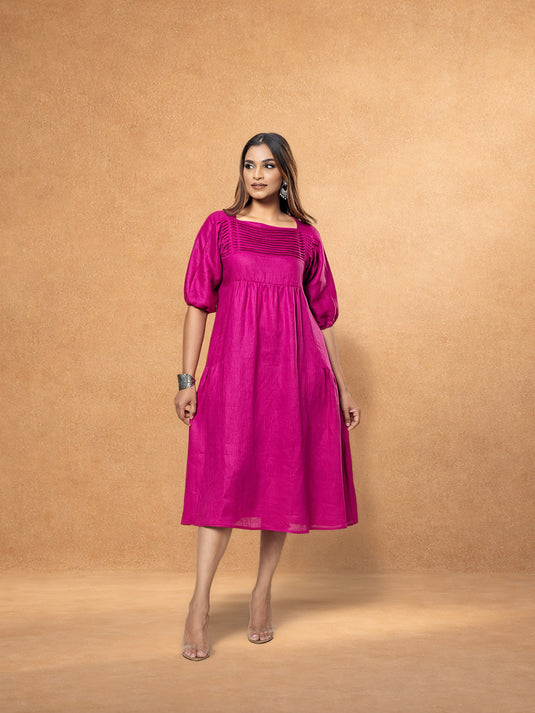 Pintuck Detailed Linen Dress With Side Panels