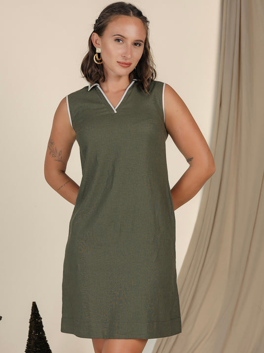 Sleeveless Short Linen Dress With Contrast Detailing