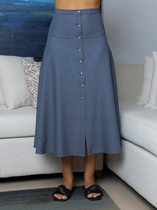 Midi length flared skirt with front buttons