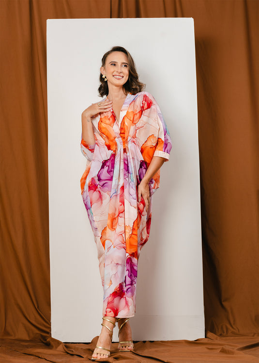 Front pleated maxi kaftan dress
