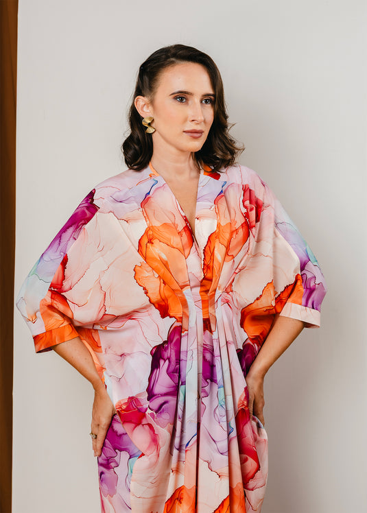 Front pleated maxi kaftan dress