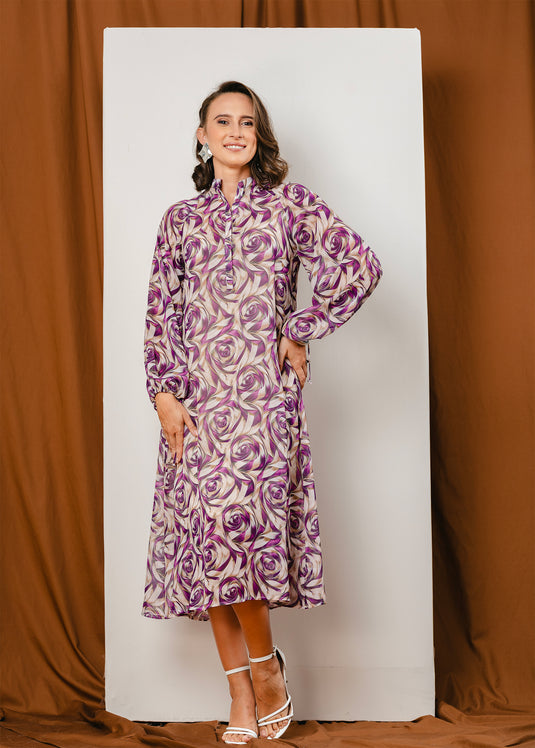 Button down printed dress with long sleeves