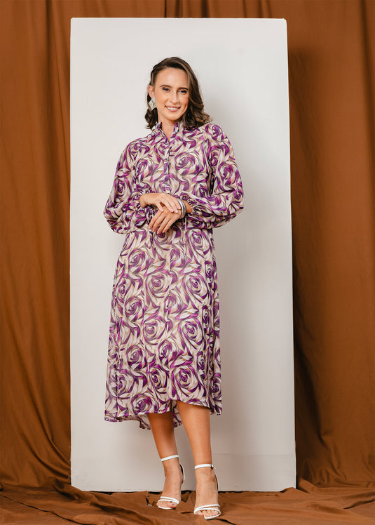 Button down printed dress with long sleeves