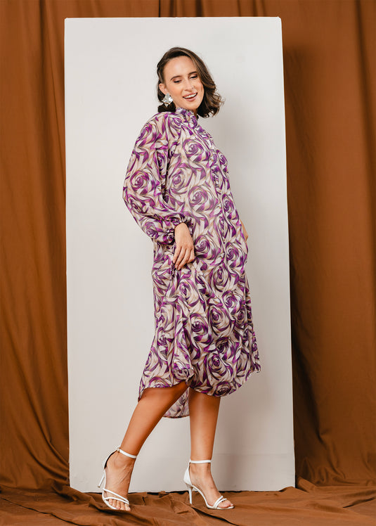 Button down printed dress with long sleeves