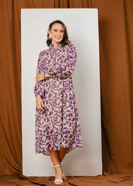 Button down printed dress with long sleeves