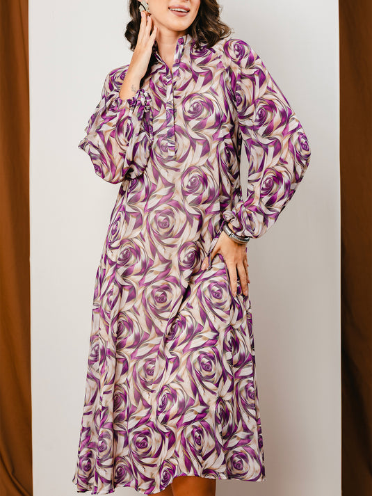 Button down printed dress with long sleeves