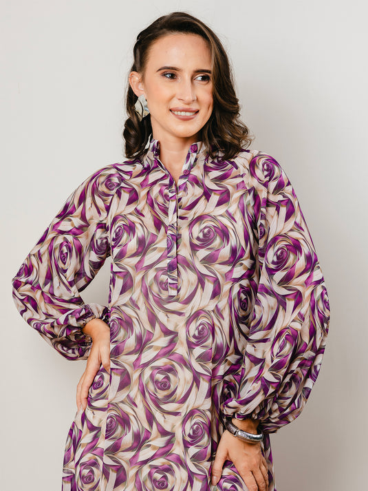 Button down printed dress with long sleeves