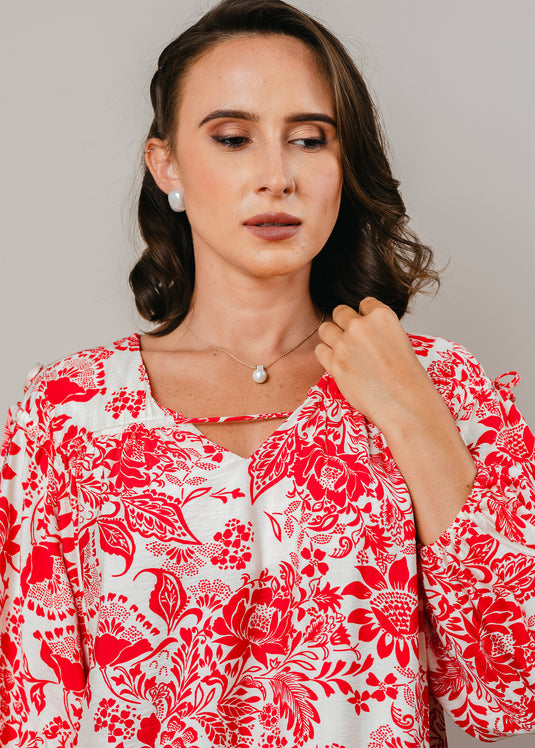 Printed V neck dress with draw cord detailing