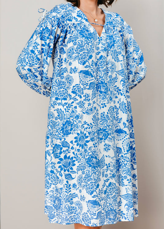 Printed V neck dress with draw cord detailing