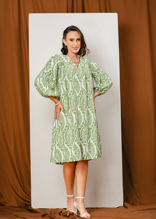Printed V neck dress with draw cord detailing
