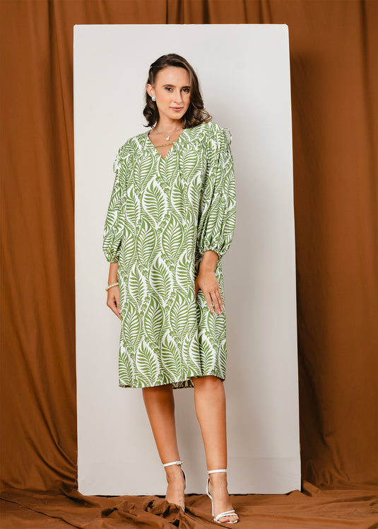 Printed V neck dress with draw cord detailing