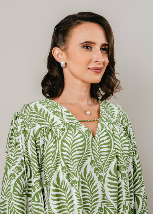 Printed V neck dress with draw cord detailing