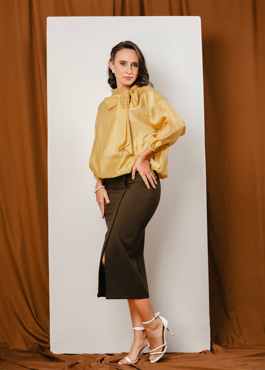 Elasticated hem blouse with front functional tie