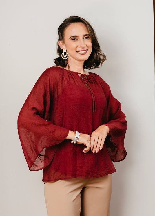 Bell sleeve blouse with front tie