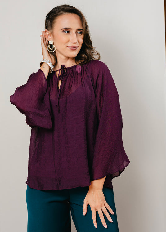 Bell sleeve blouse with front tie