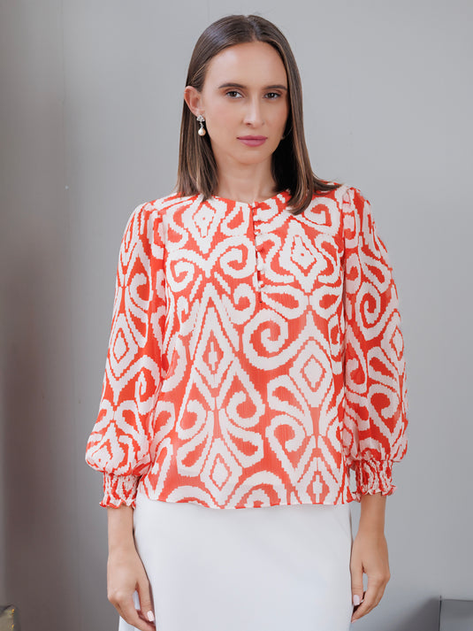 Printed blouse with smocked cuff