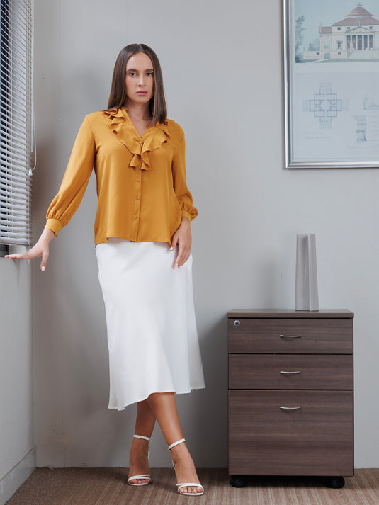 Button down blouse with ruffle