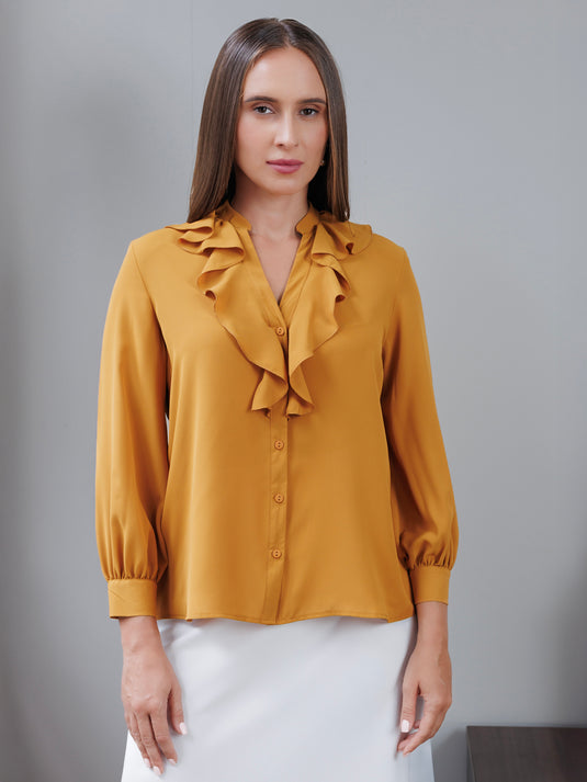 Button down blouse with ruffle