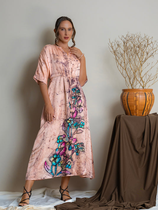 Batik batwing sleeve drawstring waist maxi dress