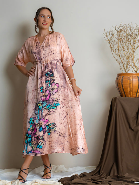 Batik batwing sleeve drawstring waist maxi dress