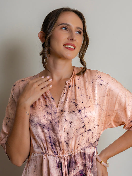 Batik batwing sleeve drawstring waist maxi dress