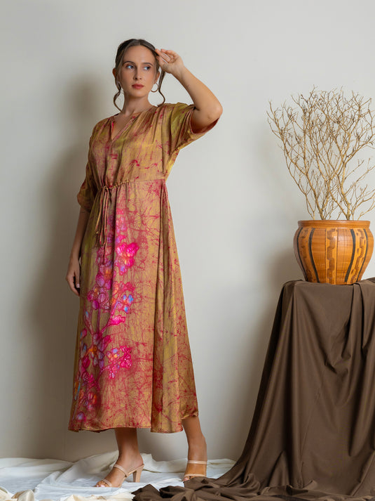 Batik batwing sleeve drawstring waist maxi dress