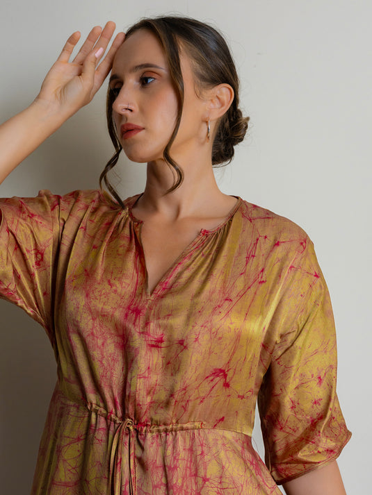 Batik batwing sleeve drawstring waist maxi dress