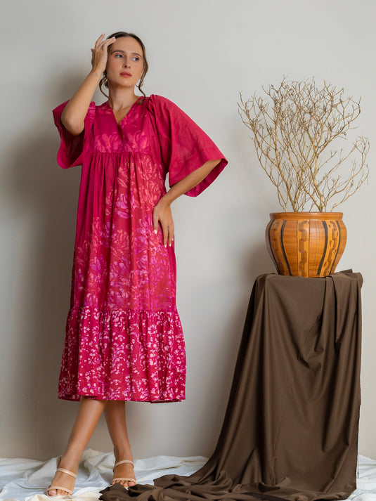 Bell sleeve ruffle hem batik dress