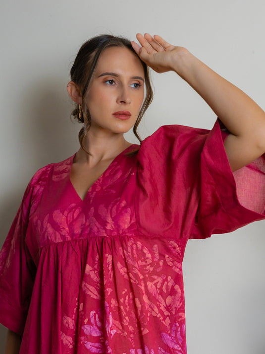 Bell sleeve ruffle hem batik dress