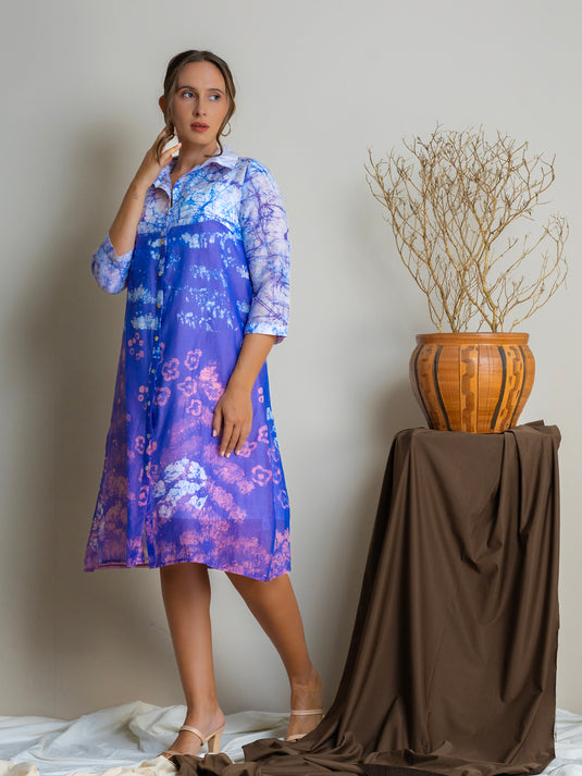Collared button-down Batik  shirt dress dress