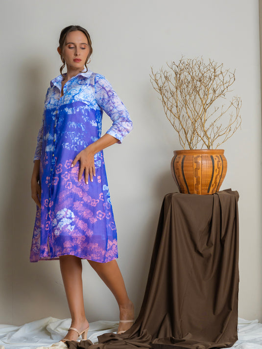 Collared button-down Batik  shirt dress dress