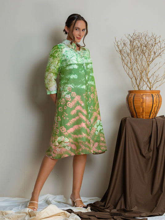 Collared button-down Batik  shirt dress dress