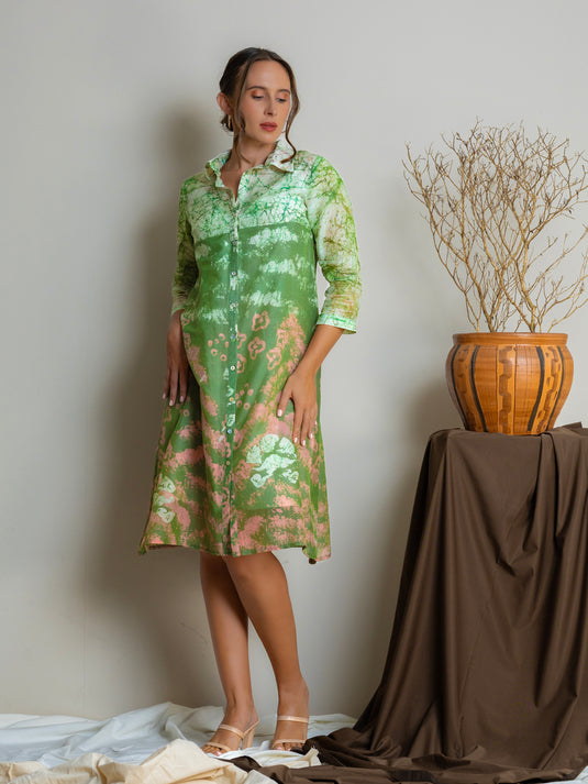 Collared button-down Batik  shirt dress dress
