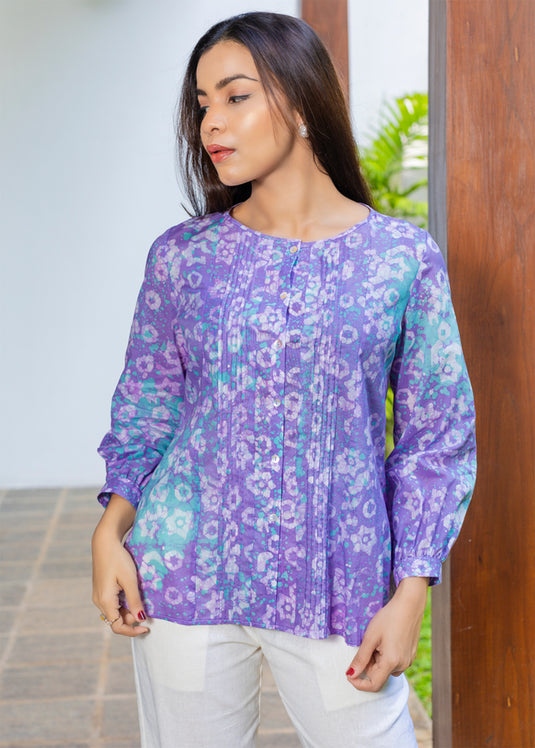 Batik Pintuck Top With Puff Sleeves