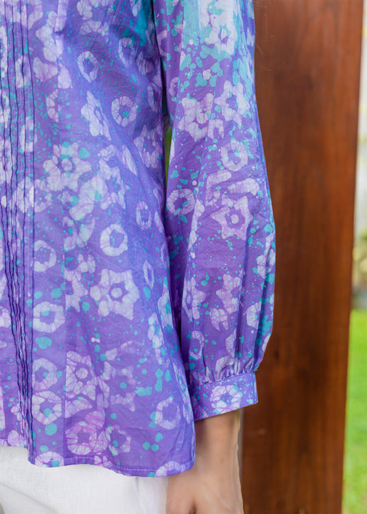Batik Pintuck Top With Puff Sleeves
