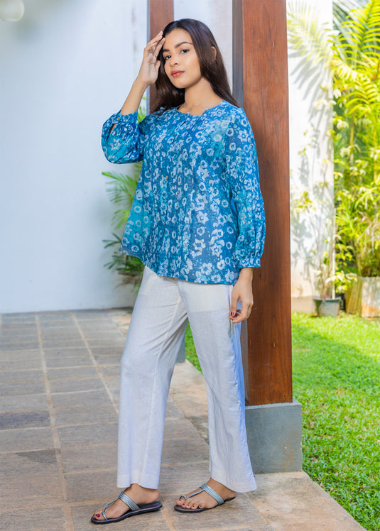 Batik Pintuck Top With Puff Sleeves